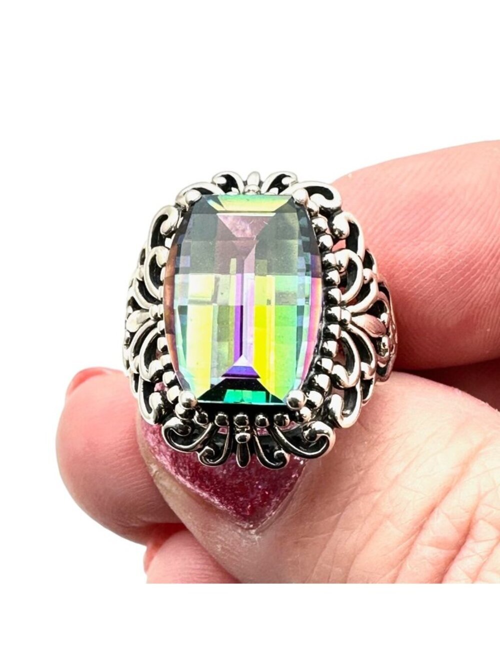 JTV Womens Ring Sterling Silver Mystic Topaz Size 6 Fancy Cut Gemstone